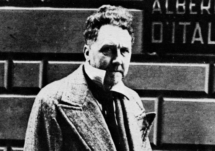 Ezra Pound the radio broadcaster in front of his hotel in Rome in 1942