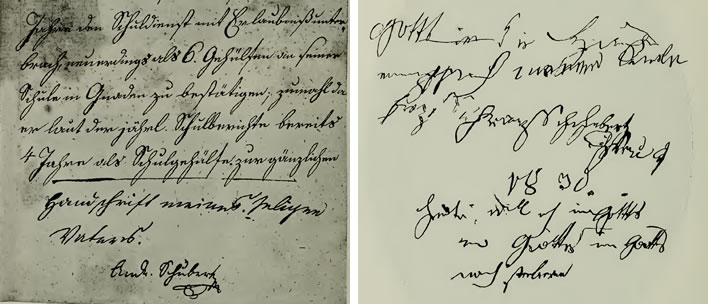 Two samples of Franz Theodor's handwriting, 1818 and 1830.