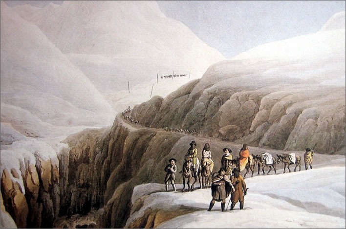A group of travellers on the Gotthard route in winter, late 18th century