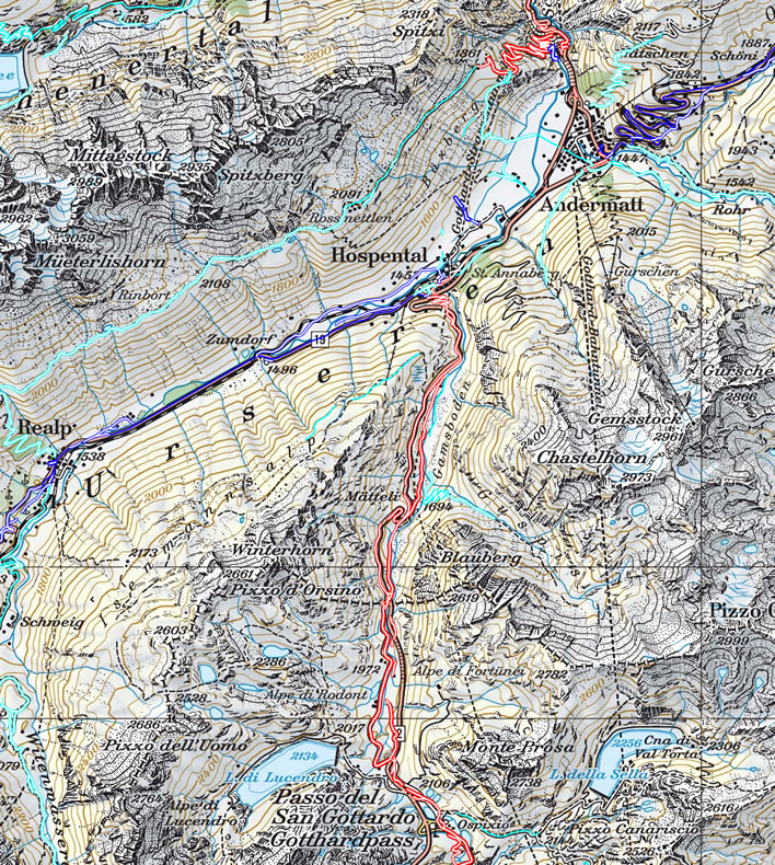 Map of the route along the Urserental from Realp (middle-left) to Hospental (middle)